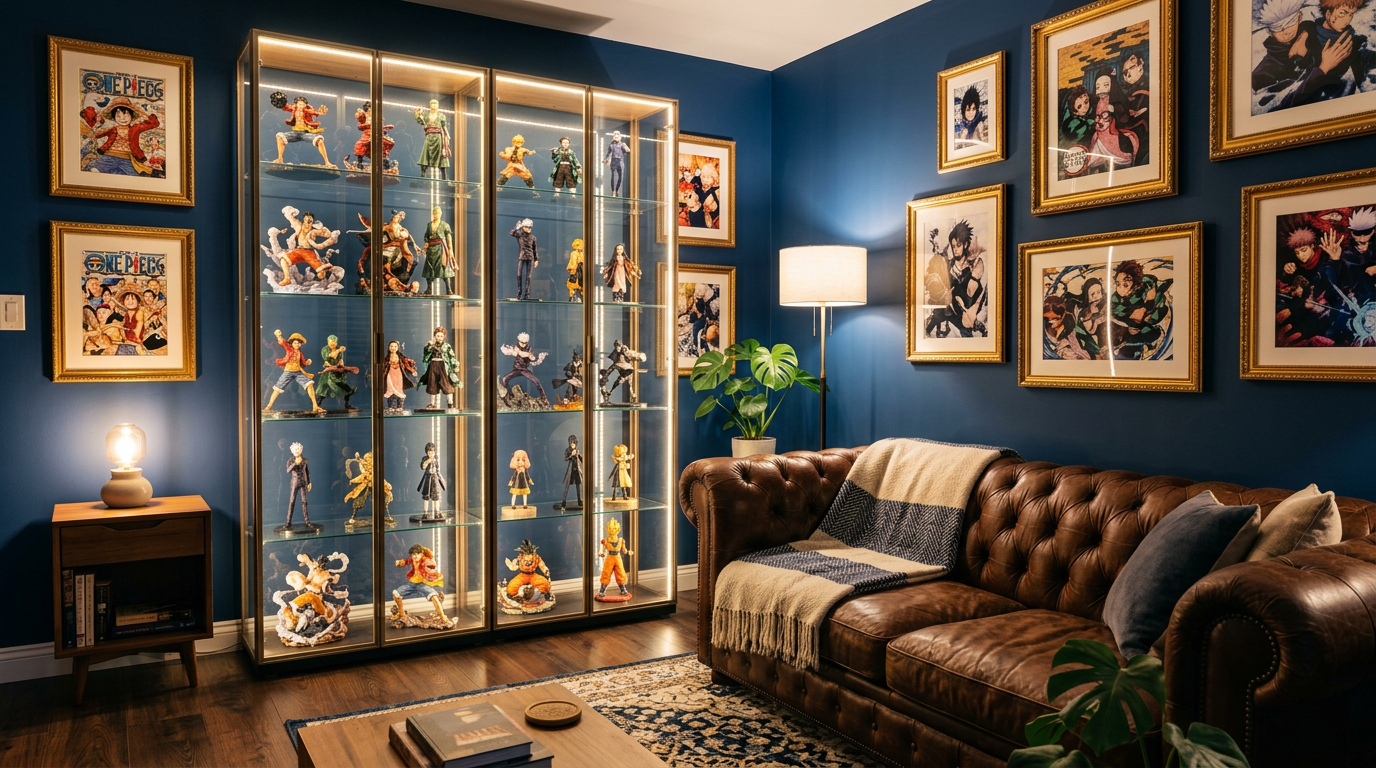 Salon avec vitrine de figurines Megahouse